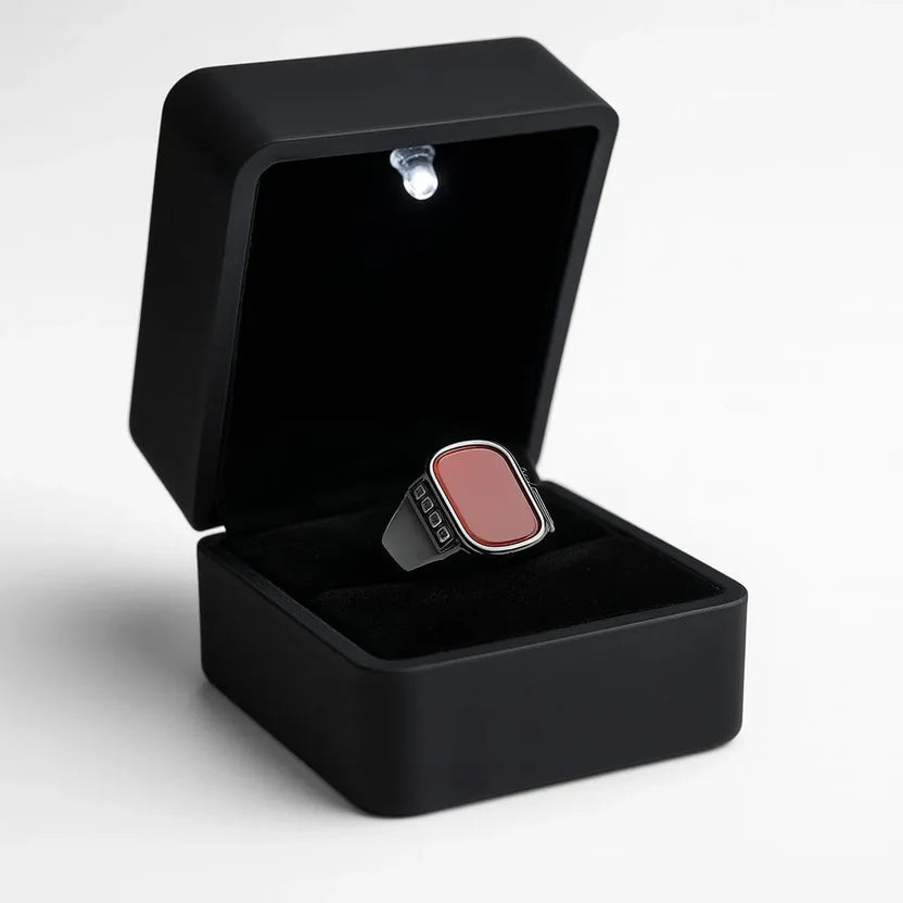Red Agate Greek Key Signet Ring