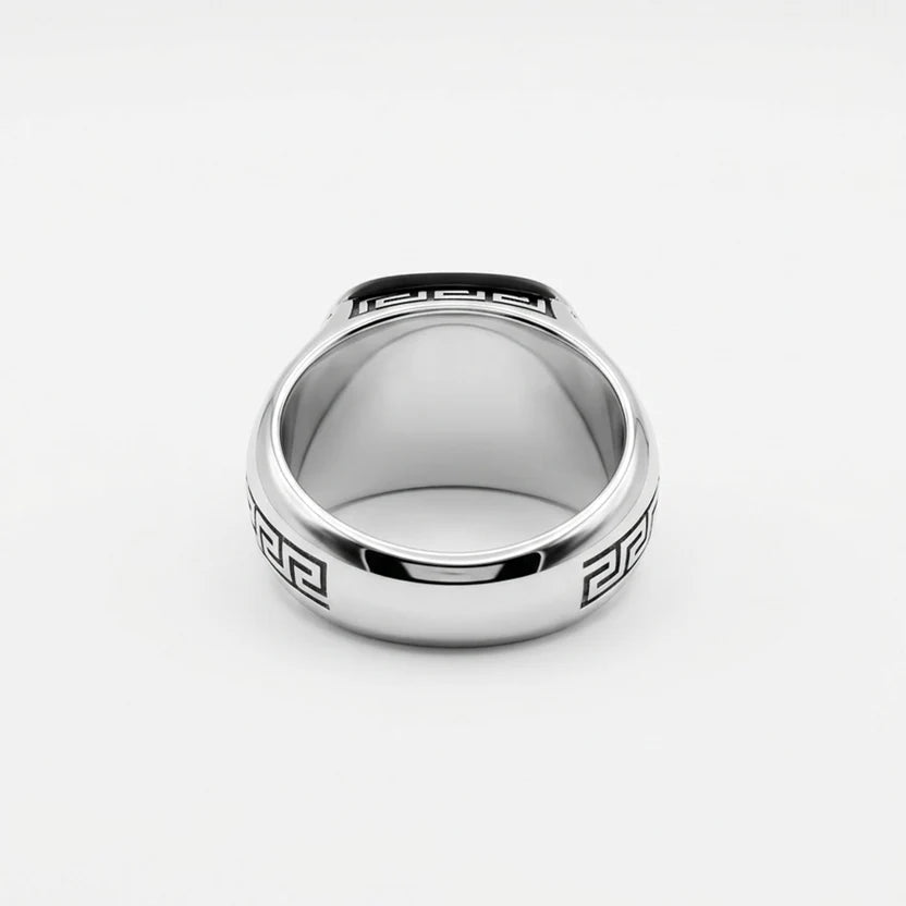 Black Onyx Ring with Greek Key Design