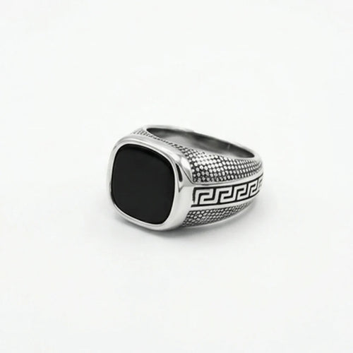 Black Onyx Ring with Greek Key Design