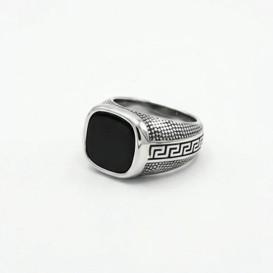 Black Onyx Ring with Greek Key Design