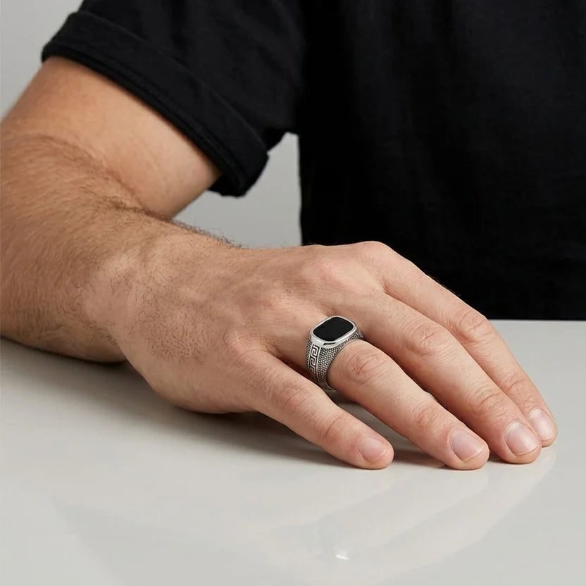 Black Onyx Ring with Greek Key Design
