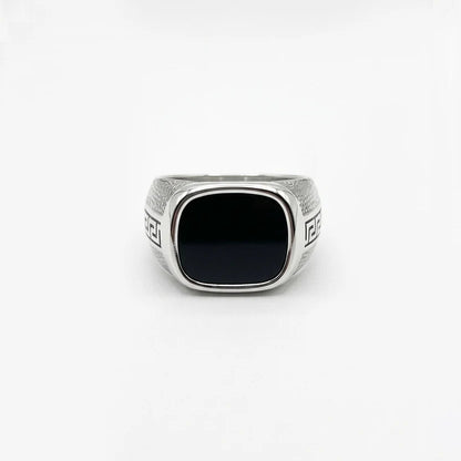 Black Onyx Ring with Greek Key Design